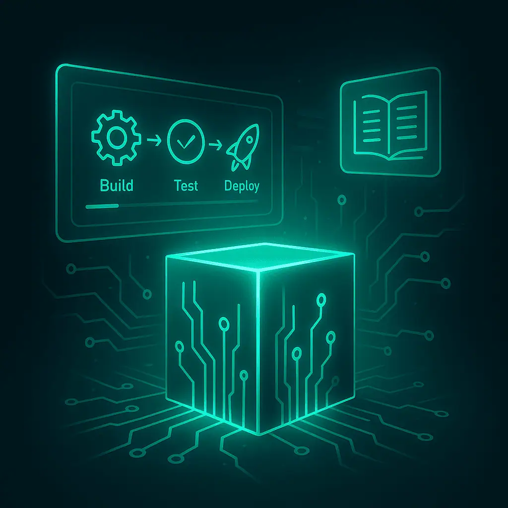 Ilustración futurista con cubo digital iluminado y circuitos, acompañado de íconos de pipeline CI/CD (build, test, deploy) y un libro, simbolizando aprendizaje práctico en automatización y despliegues.
